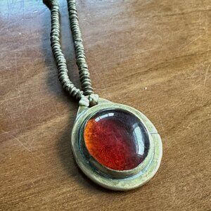 Vintage Brass Rafael Alfandary necklace (signed) with amber pendant